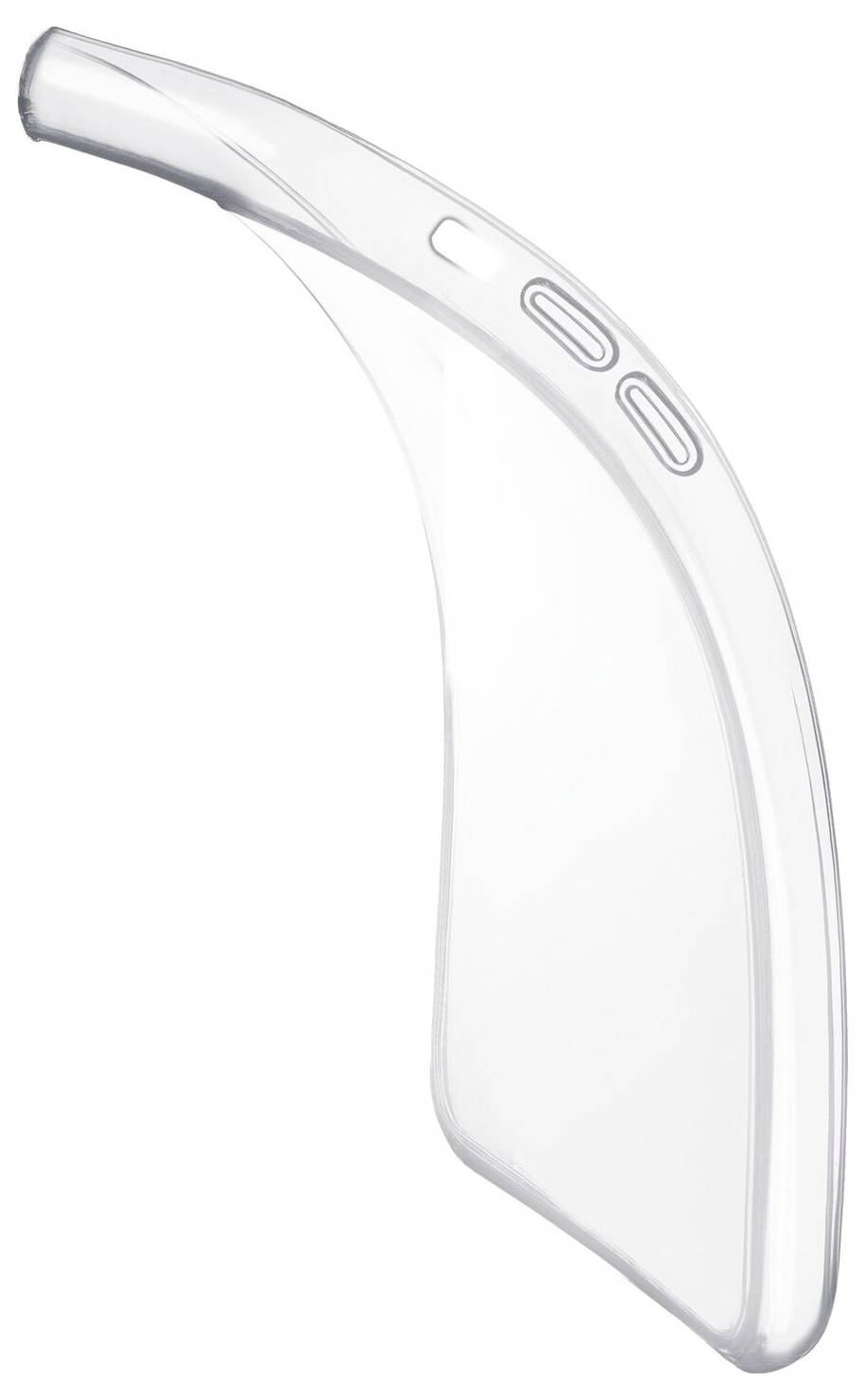 Průhledná plastová součástka s ohnutým, ergonomickým designem. Obsahuje otvor pro tlačítka v horní pravé části.