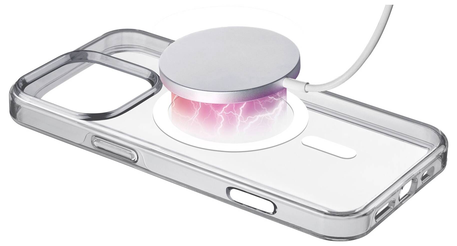 Průhledný mobilní kryt na horní straně ukazuje kulatou magnetickou nabíjecí jednotku s viditelnými energetickými symboly pod ní.