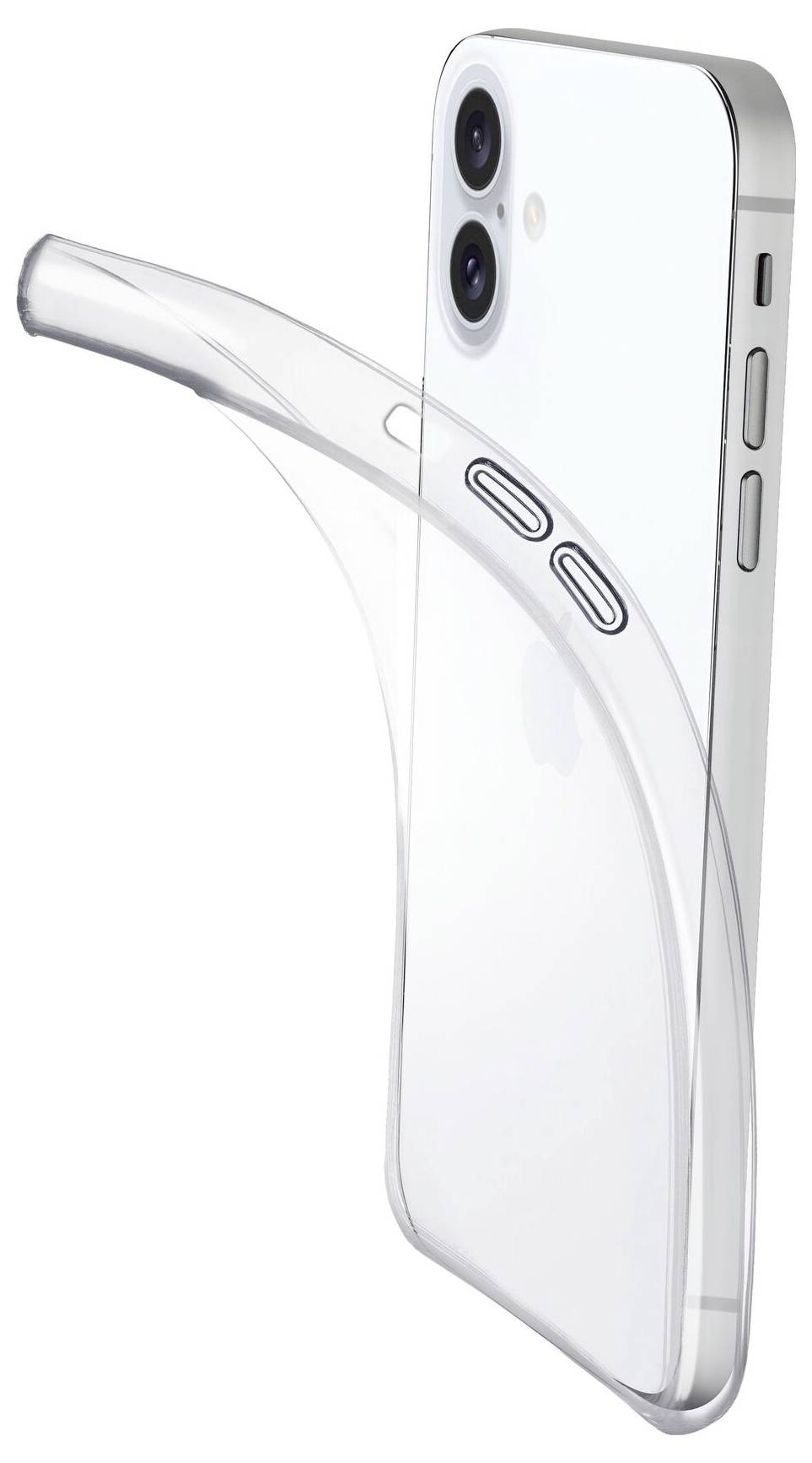 Průhledný mobilní kryt je nasazen na zadní stranu smartphonu; ukazuje výřezy pro tlačítka a fotoaparát.