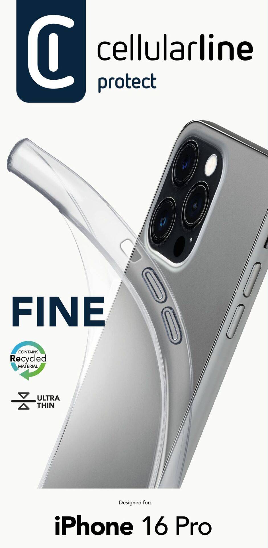 Ochranný kryt 'Cellularline protect' pro iPhone 16 Pro. Ultra tenký, vyrobený z recyklovaného materiálu. Fotografie ukazuje průhledný kryt na stříbrném iPhonu.