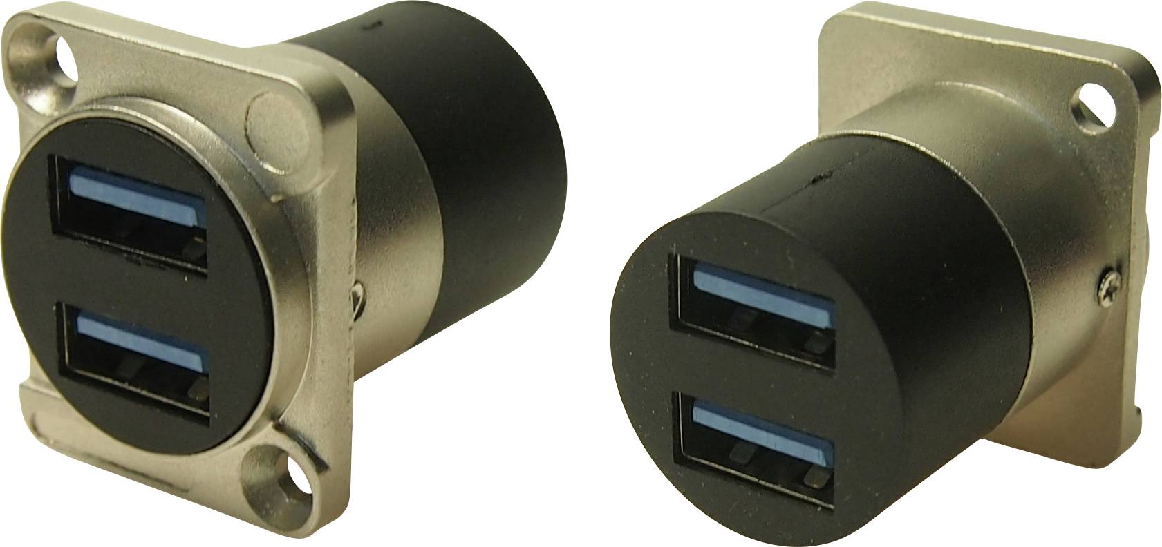 Dva kovové USB konektory s dvojitým vstupem v cylindrickém tvaru s modrými vnitřními plochami, vhodné pro montáž na stěnu nebo zařízení.