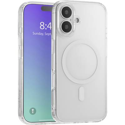 Smartphone s průhledným obalem. Display zobrazuje datum a čas. Obal je kompatibilní s MagSafe.