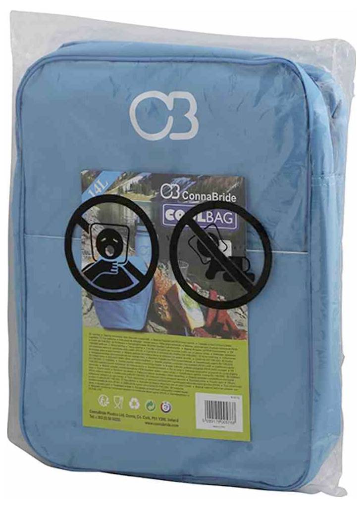 Modrá taška C3 ConnaBride-Coolbag v plastovém sáčku, s symboly a textem upozorňujícími, aby do ní nebyly umísťovány zbraně nebo nápoje.