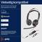 Headset s mikrofonem kompatibilní s Microsoft, Google Voice a Zoom. Nahoře je napsáno 'Všestranně kompatibilní'.