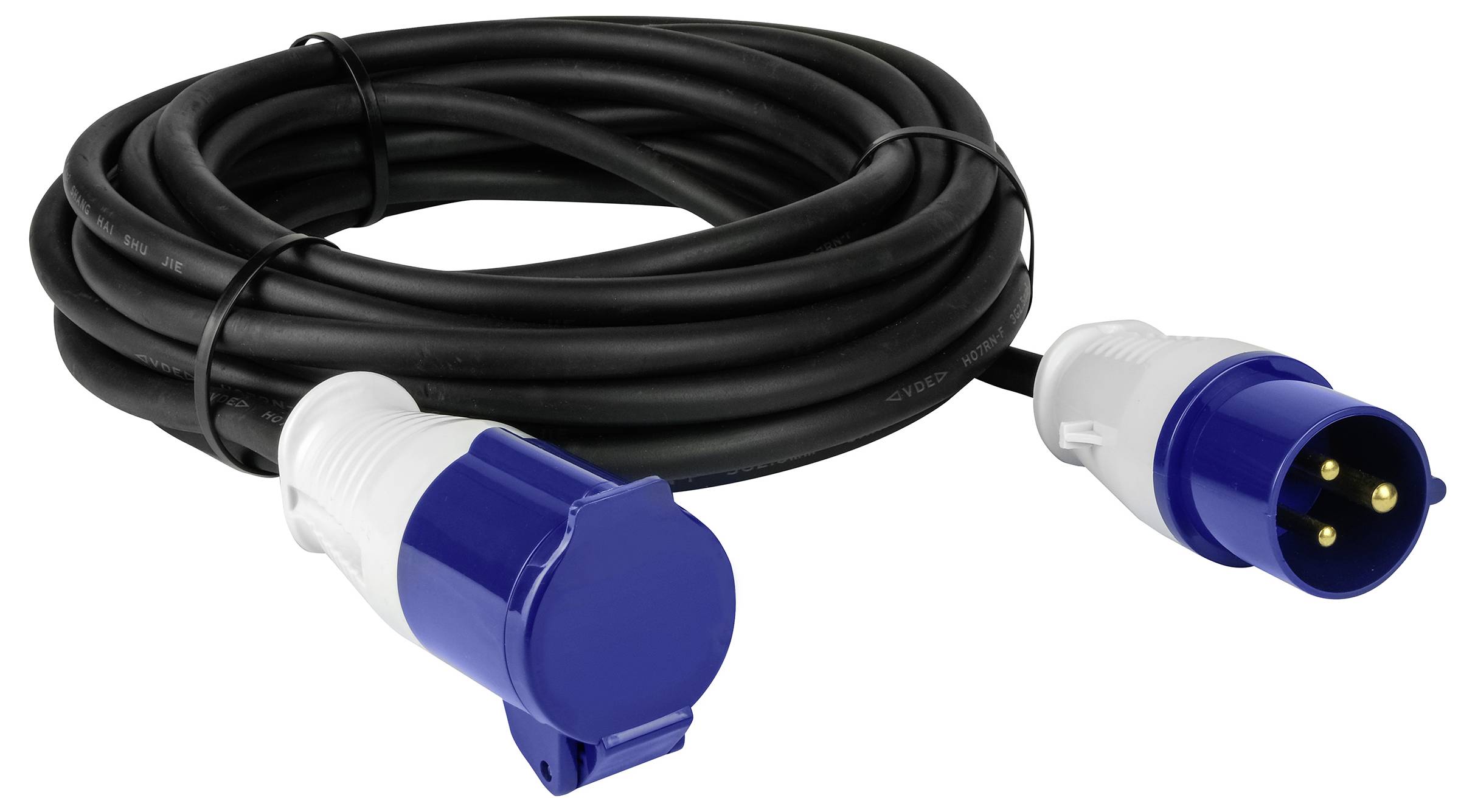 Černý napájecí kabel s modrými, kulatými konektory na obou koncích. Konektor má tři kovové kolíky.