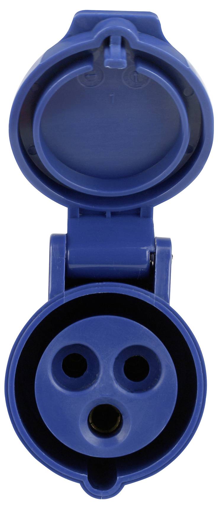 Otevřená modrá zásuvka se třemi kruhovými vstupy.