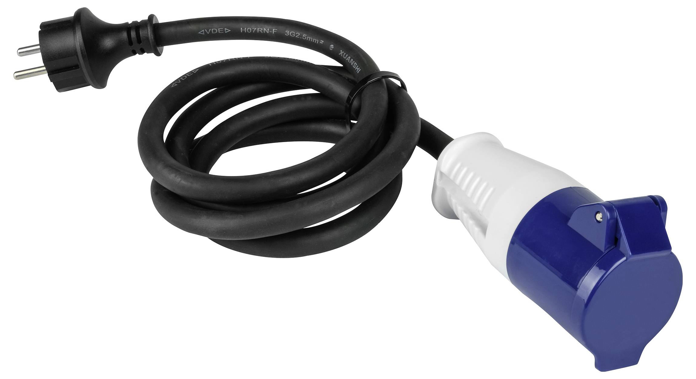 Svinutý síťový kabel zakončený modrým a bílým konektorem, vhodný pro výkonné elektrické připojení.