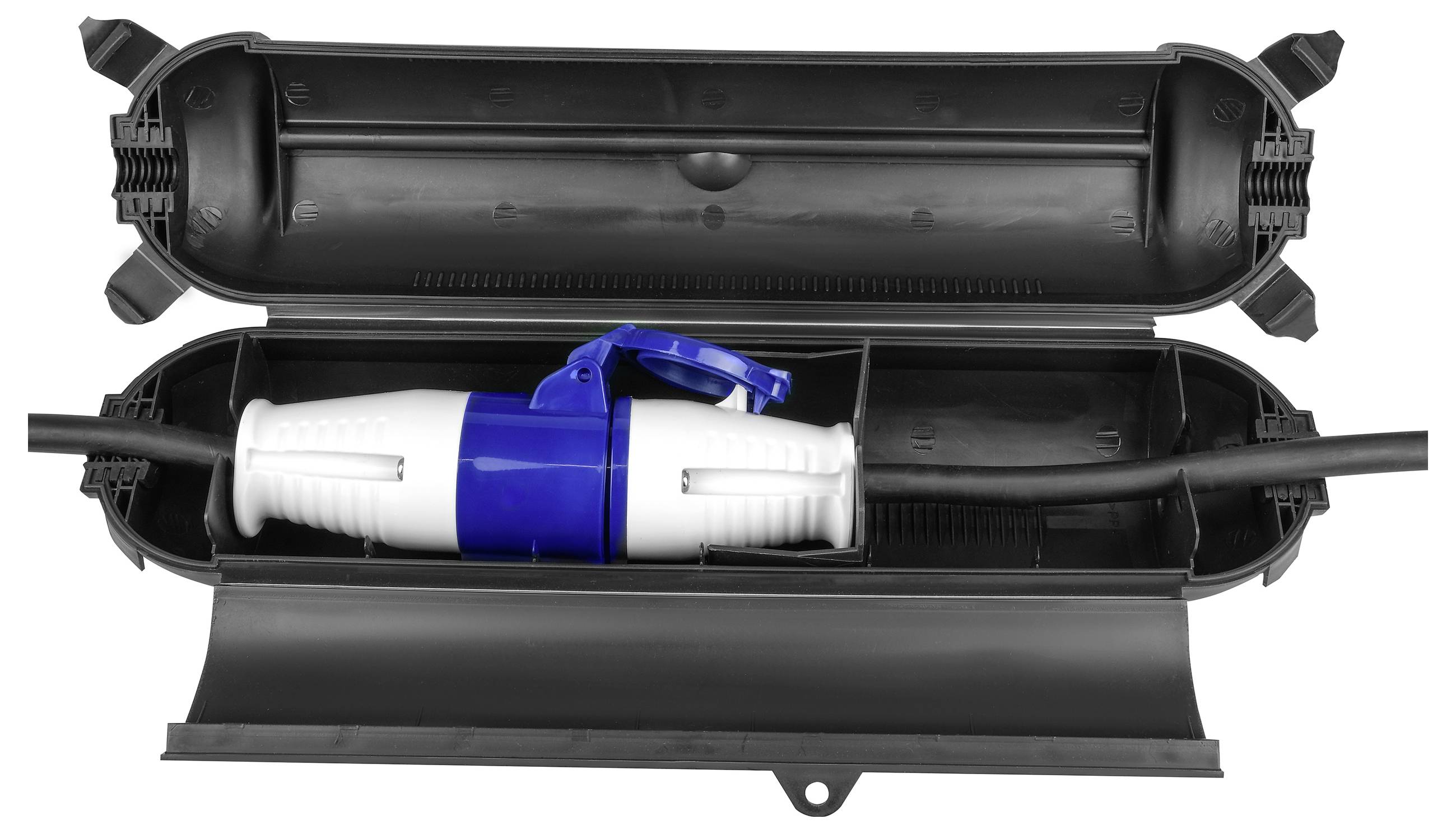 Černý vodotěsný kabelový kryt s modrým a bílým konektorem uvnitř, zobrazený v otevřeném stavu.