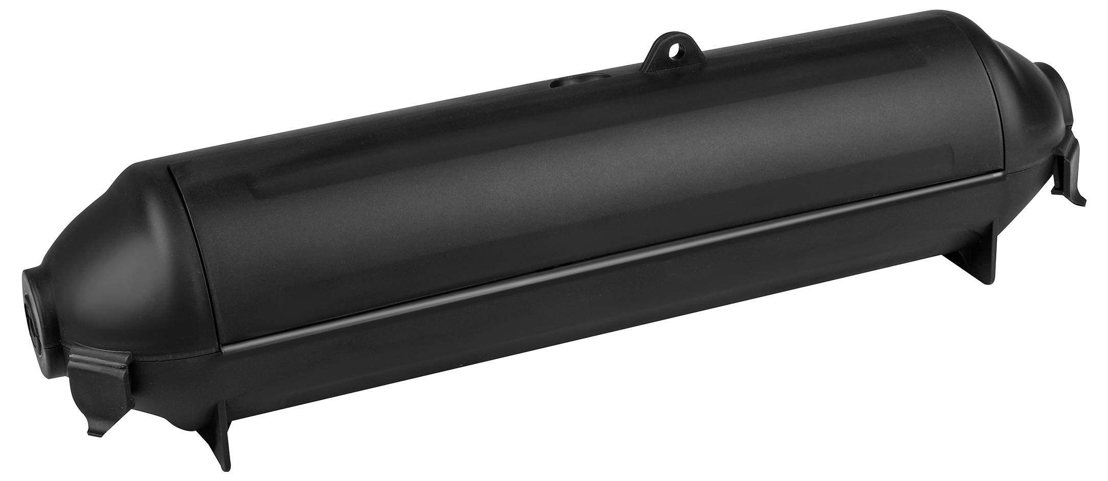 Černý válcový kufr na kolo s bočními uzávěry, vhodný pro bezpečné uložení příslušenství nebo nářadí.