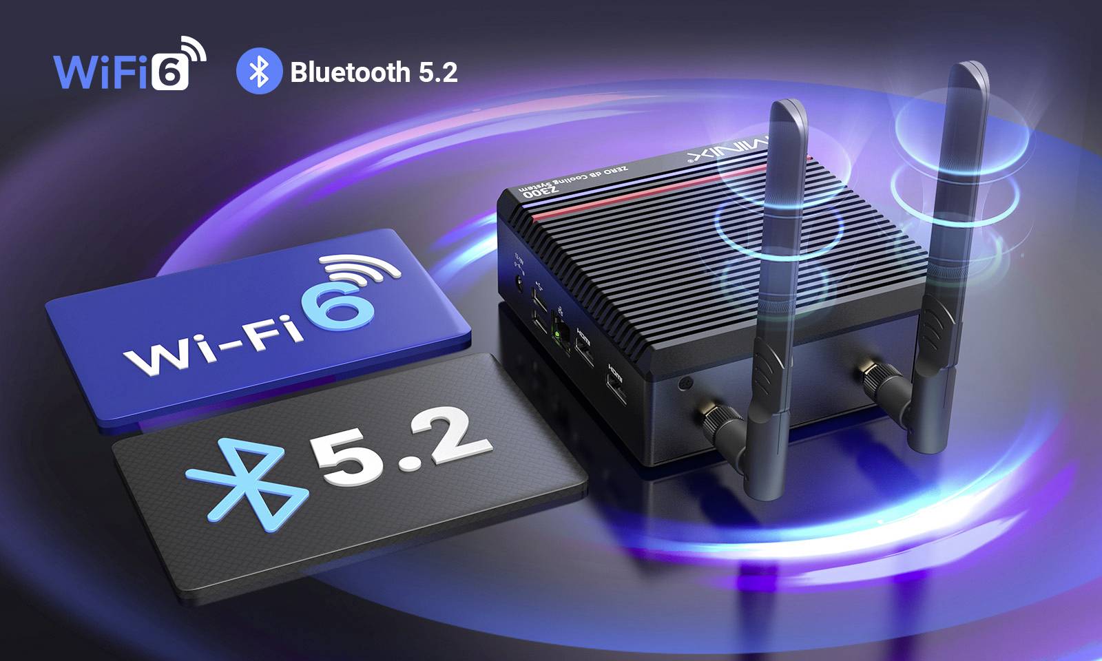 Mini PC se dvěma WiFi anténami ukazuje podporu pro WiFi 6 a Bluetooth 5.2. Loga Wi-Fi 6 a 5.2 jsou zobrazena.