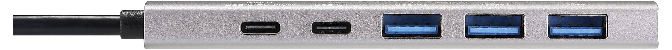 USB-C hub se třemi USB 3.0 porty a ethernetovým připojením, vhodný pro připojení několika zařízení k počítači.