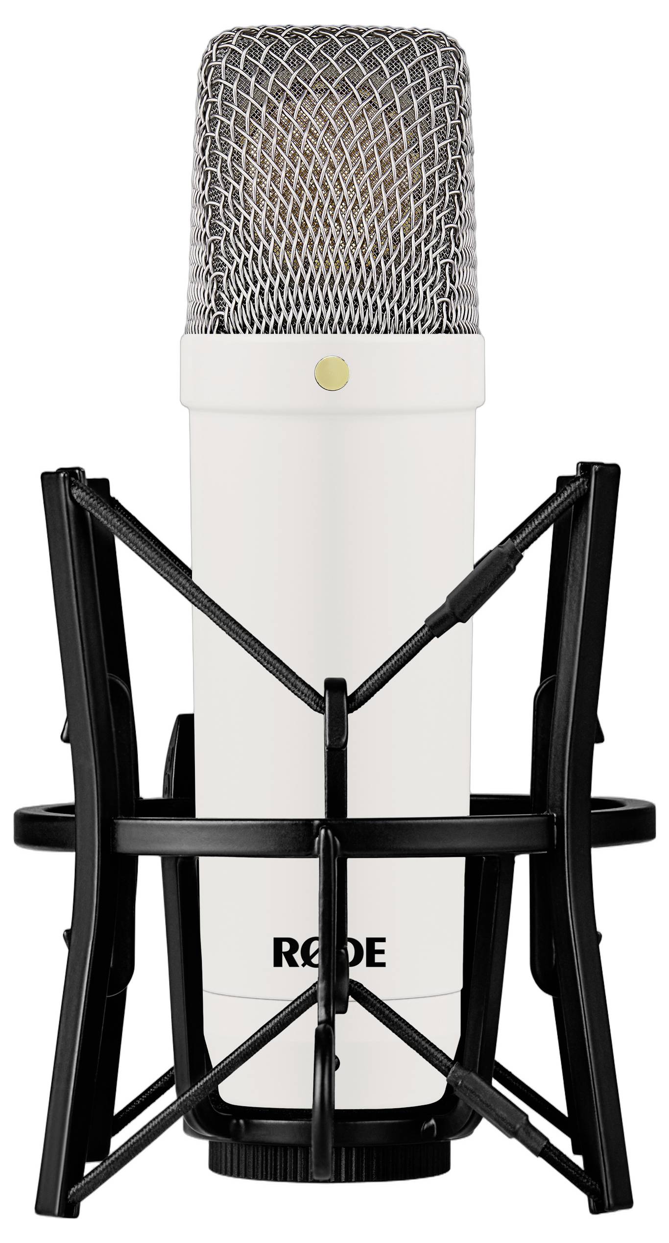 Modré studiové mikrofon se stříbrnou drátěnou mřížkou a černou základnou, vhodné pro profesionální zvukové nahrávání.