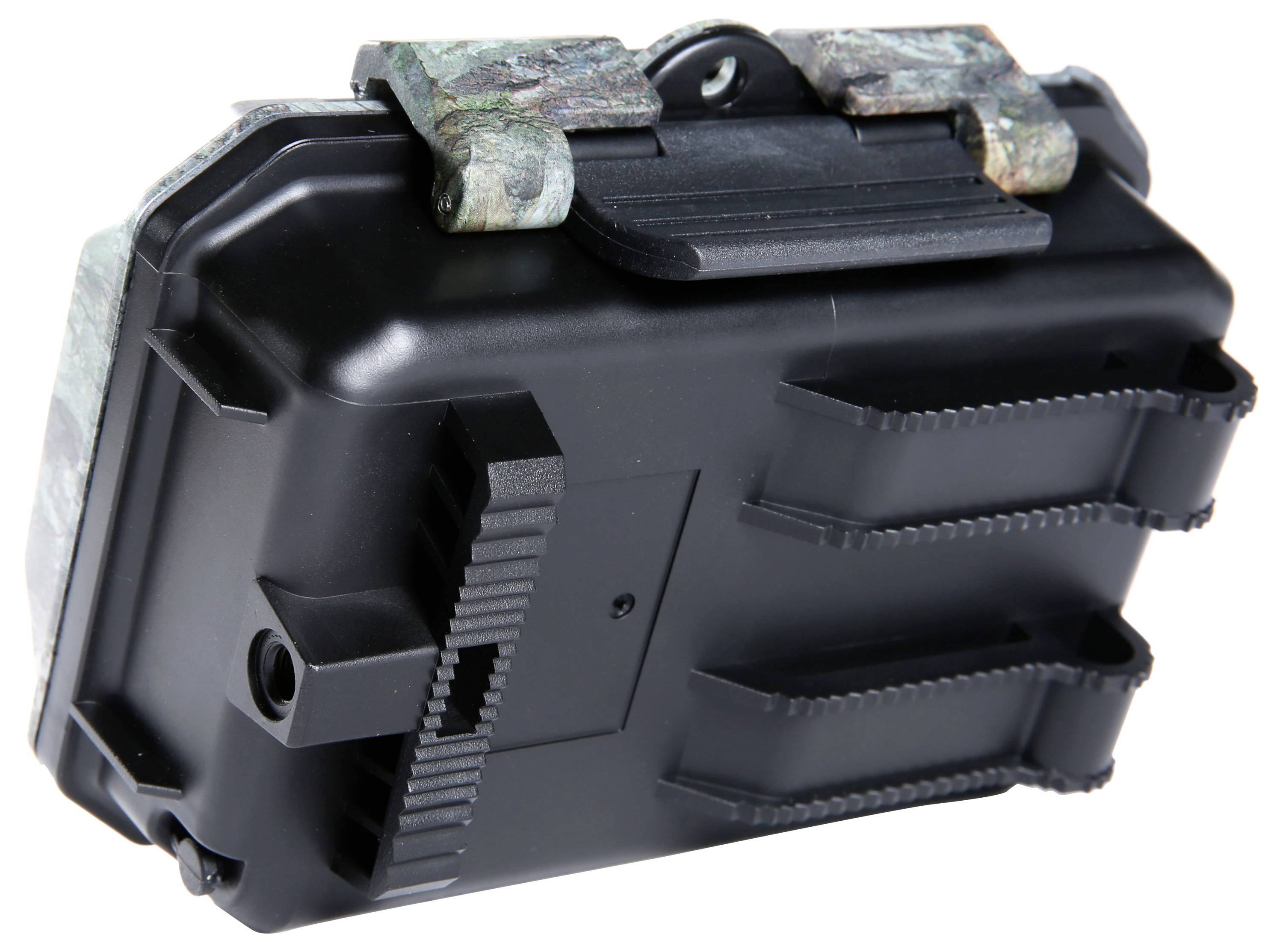 Černý, povětrnostně odolný kryt s prvky maskování, vhodný pro outdoorové vybavení. Obsahuje možnosti uchycení na zadní straně.