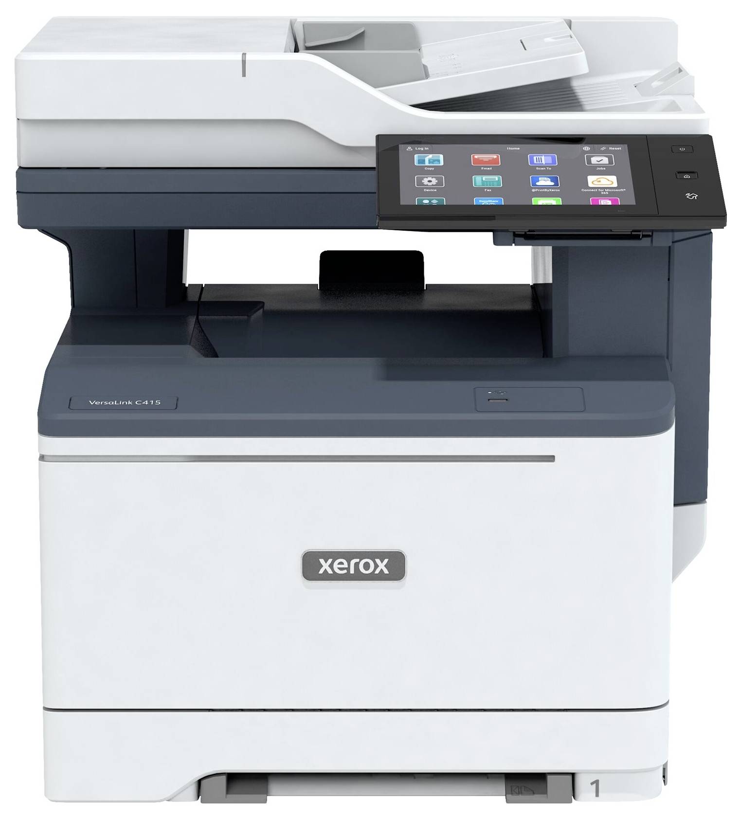 Multifunkční tiskárna s dotykovým displejem zobrazuje různé funkce. Zařízení má moderní design a patří značce Xerox.