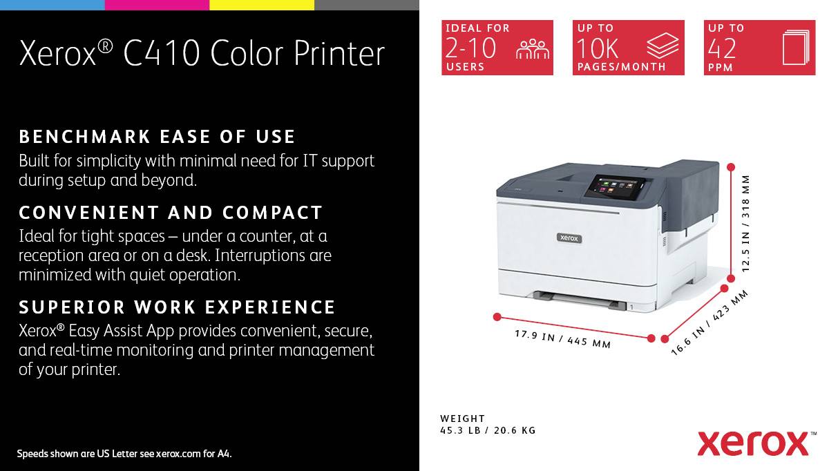'Tiskárna Xerox C410, model vhodný pro 2-10 uživatelů, až 10 000 stran/měsíc, 42 stran/minutu, kompaktní a uživatelsky přívětivá.'