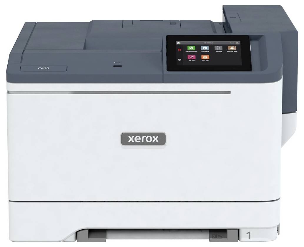 Tiskárna s digitálním displejem, na kterém jsou zobrazeny různé tiskové možnosti. Logo Xerox je umístěno na přední straně přístroje.