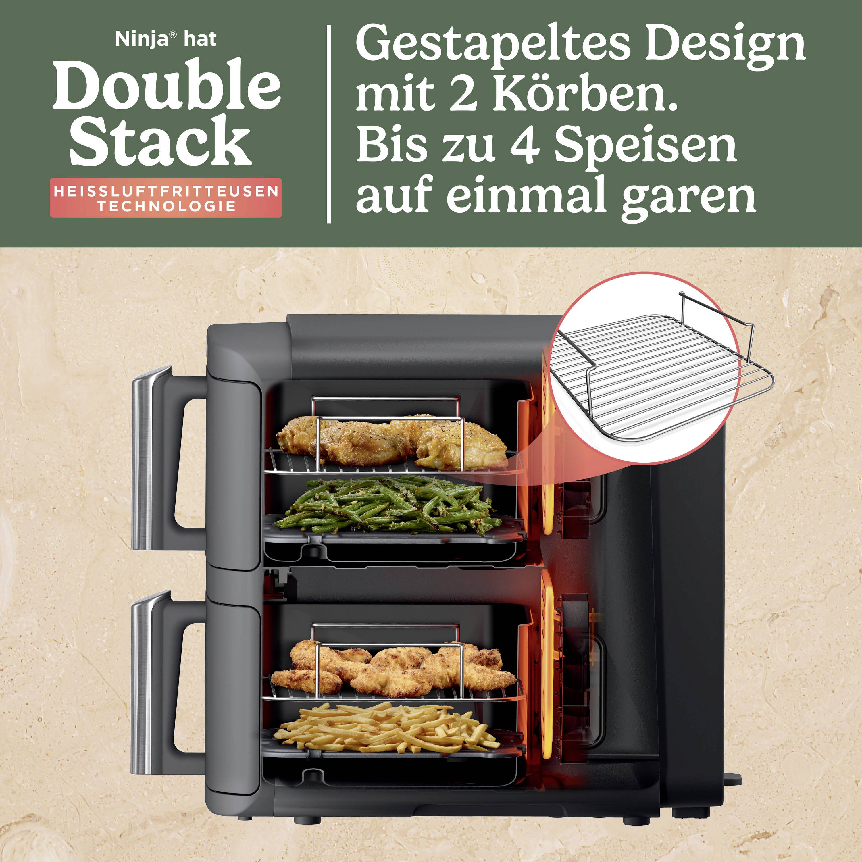 Horkovzdušná fritéza s designem dvojitého košíku ukazuje dvě úrovně s pokrmy v zařízení a nabízí místo pro až čtyři pokrmy.