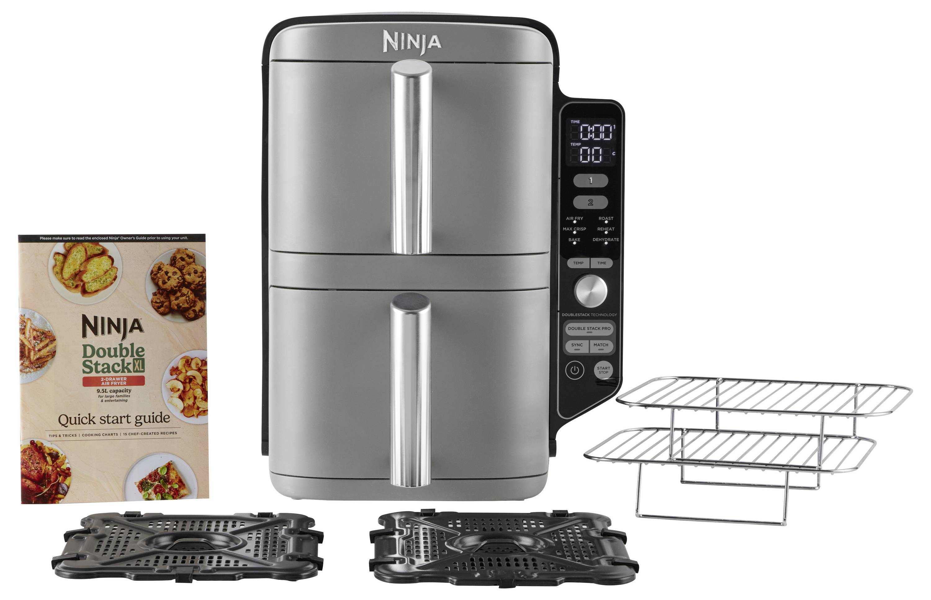 Nerezová ninja fritéza se dvěma fritovacími koši, ovládacím panelem, síťovými vložkami a kuchařkou. Ideální pro současné vaření.