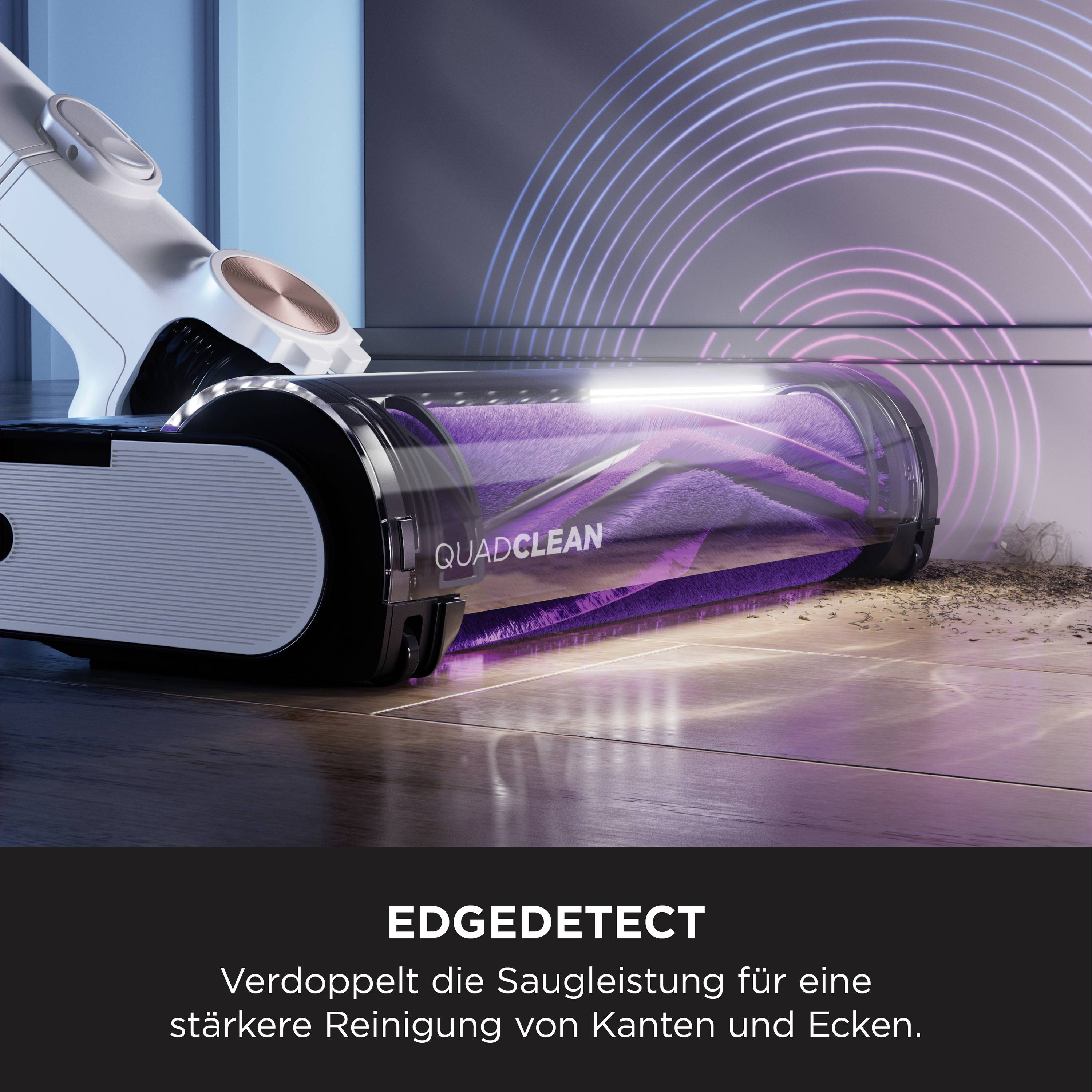 Vysavač, který čistí roh funkcí 'EDGEDETECT'. Text: 'Zdvojnásobuje sací výkon pro důkladnější čištění hran a rohů'.