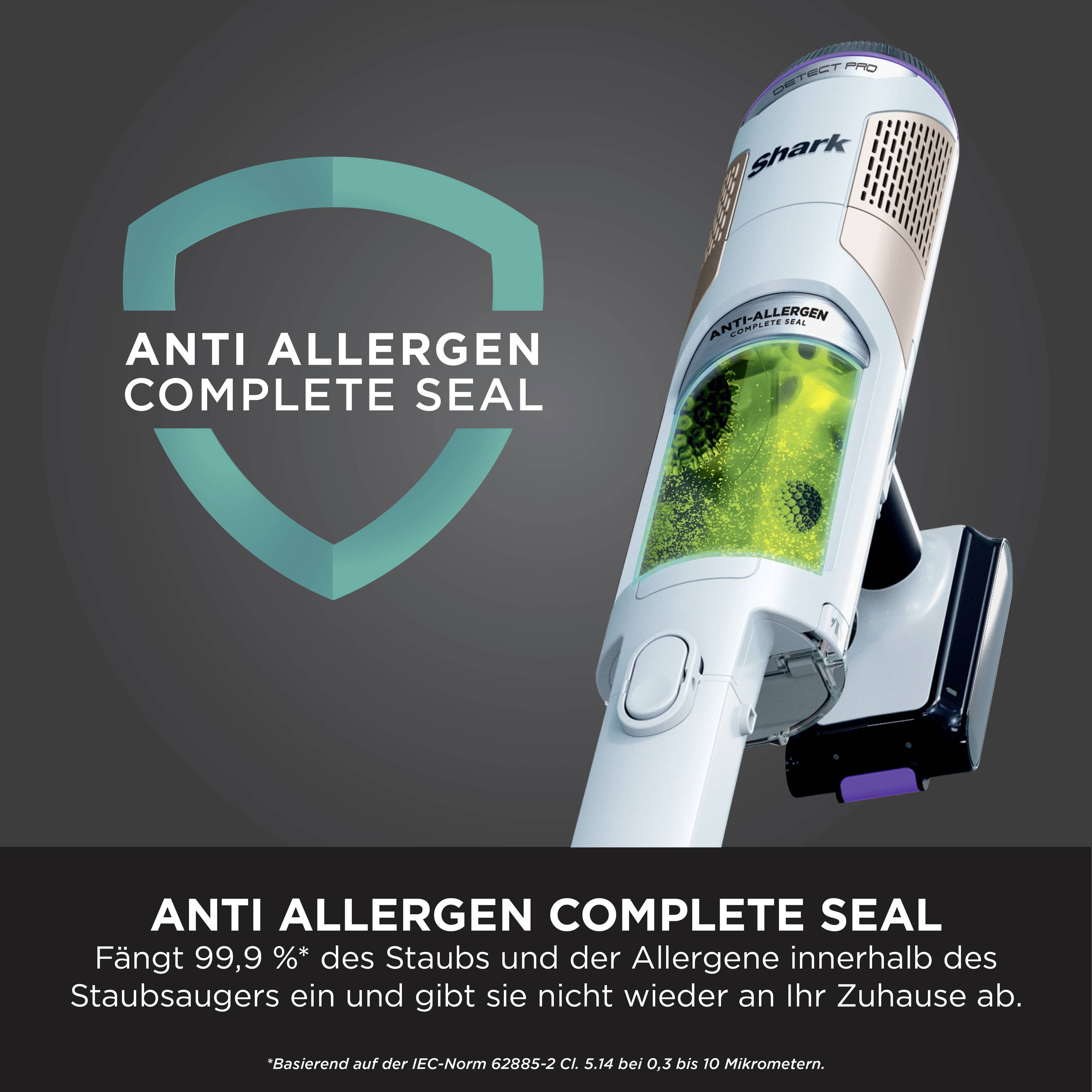Přenosný vysavač s 'Anti Allergen Complete Seal'; zachytává 99,9 % alergenů a neuvolňuje je zpět.