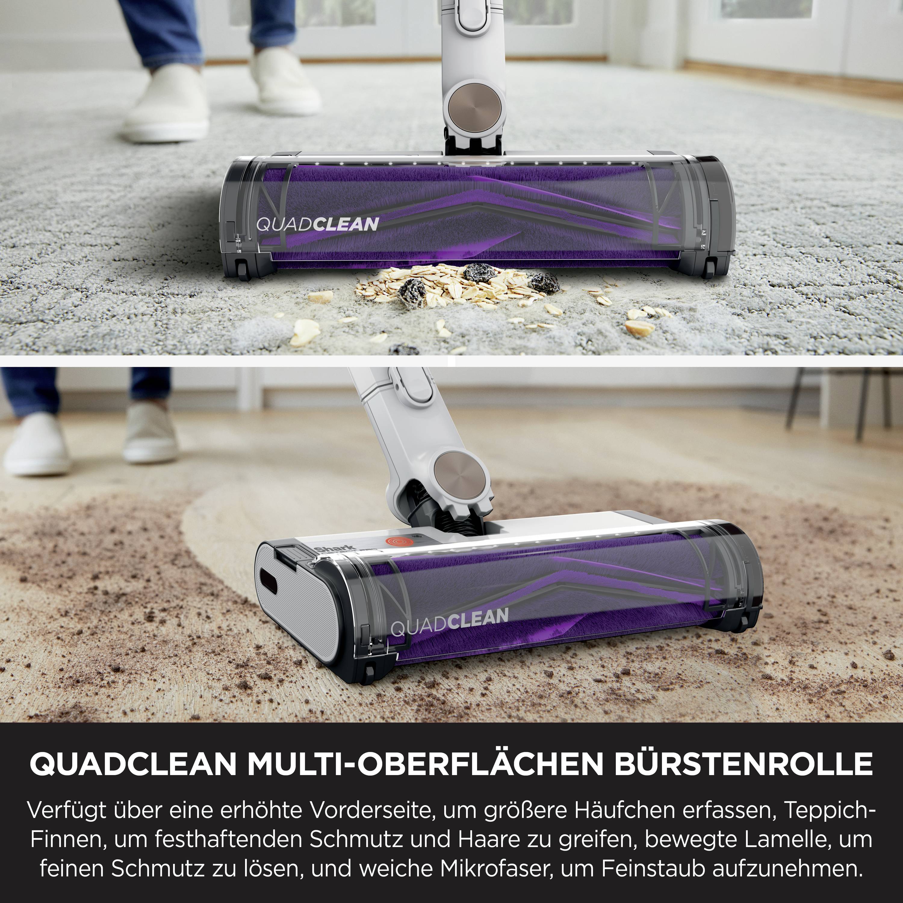 'Quadclean vysavač saje špínu z koberce. Pohyblivé lamely zachycují chlupy. Mikrofiltr pro jemné částice.'