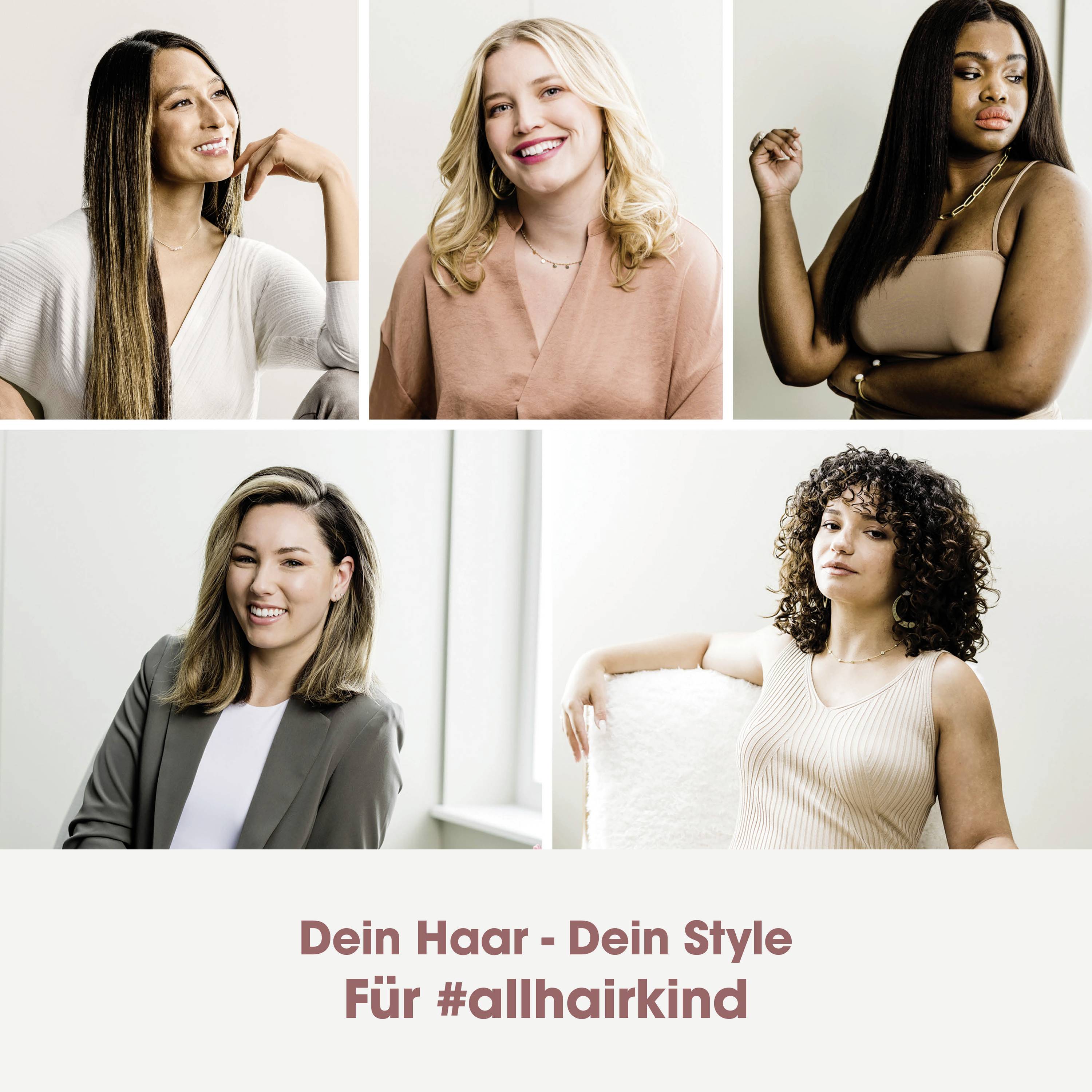 Šest žen s různými styly vlasů se usmívá do kamery. Text dole: 'Tvoje vlasy - Tvůj styl Pro #allhairkind'.