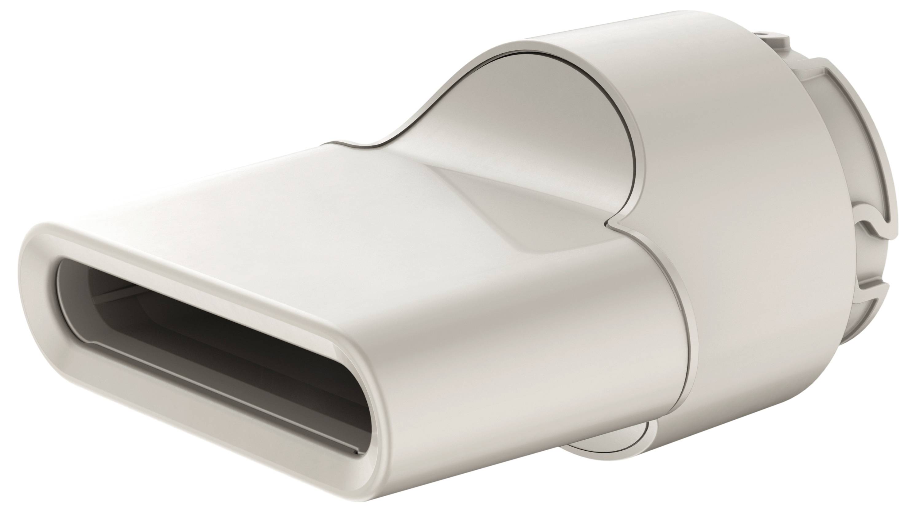 Bílý obdélníkový USB konektor se zaoblenými rohy, pohled z boku. Vhodný pro připojení k elektronickým zařízením.