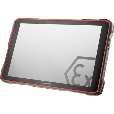 Robustní tablet s červeným rámečkem a velkým displejem. Na obrazovce je vidět symbol Ex certifikace.