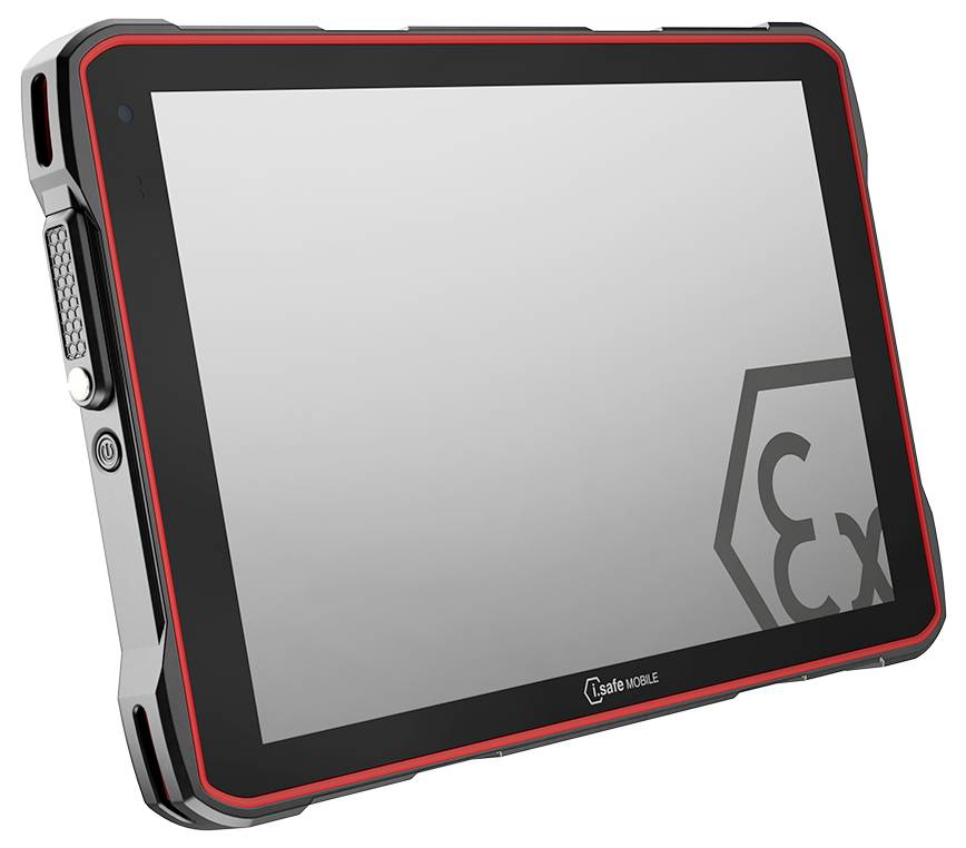 Robustní tablet s červeným rámečkem a černým tělem, na jehož displeji je viditelný symbol 'Ex'. Vhodný do náročných prostředí.