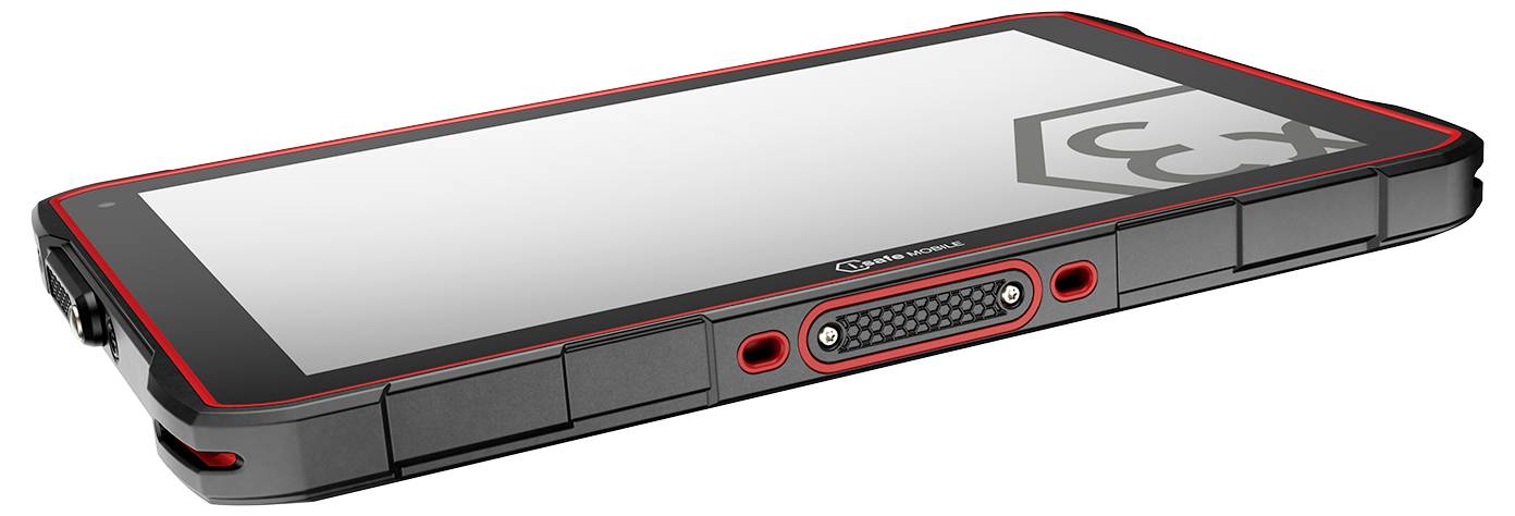 Odolný tablet s robustním designem, černým tělem a červenými detaily, položený na boku. Ideální pro drsné prostředí.