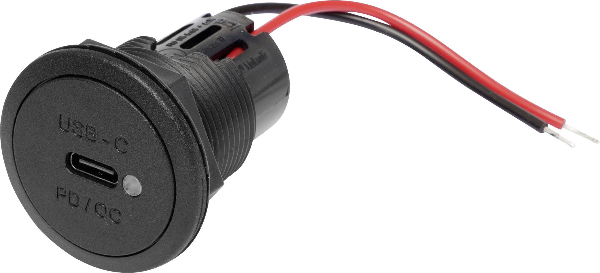 USB-C zásuvka s červenými a černými kabely pro napájení. Nápis 'USB-C' a 'PD/QC' na přední straně.