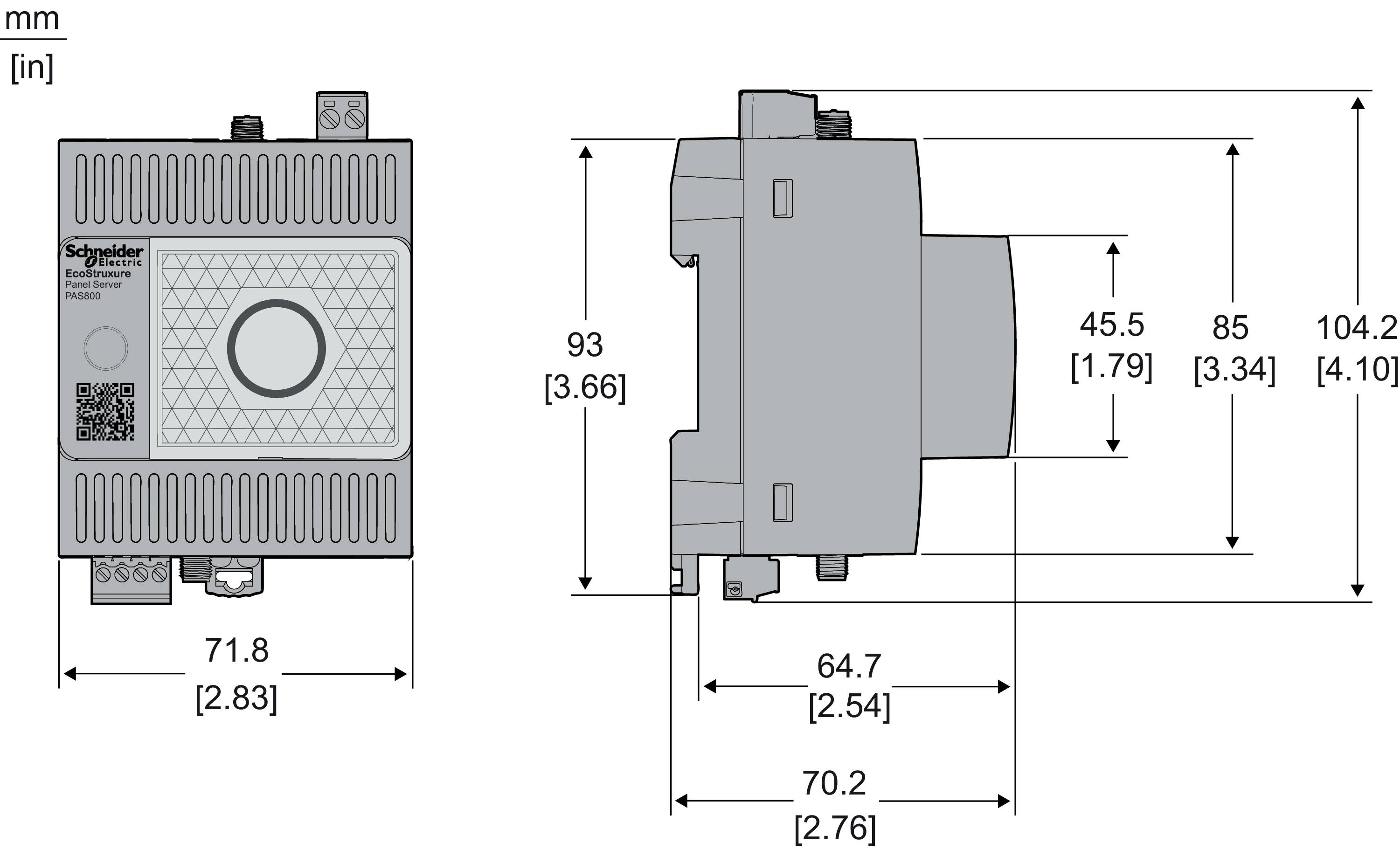 'Mechanický výkres elektrického zařízení s rozměry v mm a palcích. Šířka: 71,8 mm, výška: 104,2 mm, hloubka: 64,7 mm.'