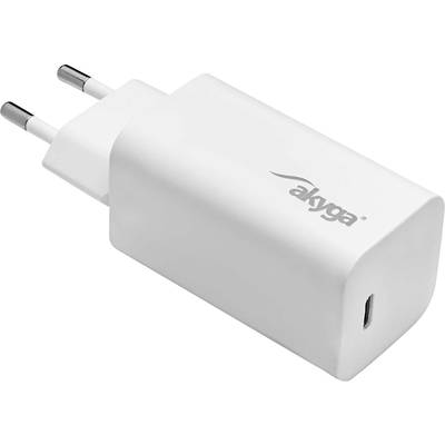 Bílá, obdélníková USB nabíječka s evropskou zástrčkou a logem 'akyga' na straně. Vhodná pro smartphony a další zařízení.