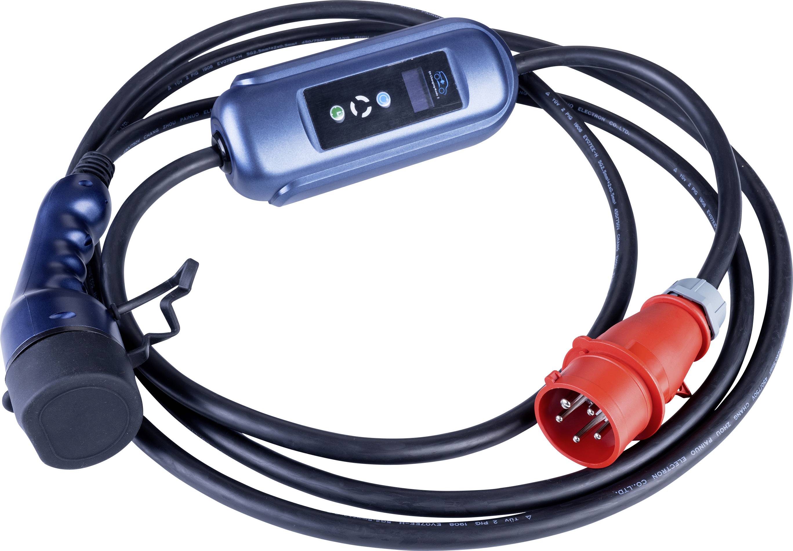 Černý nabíjecí kabel s kontrolní skříňkou a červenými konektory, vhodný pro nabíjení elektrických vozidel, na bílém pozadí.
