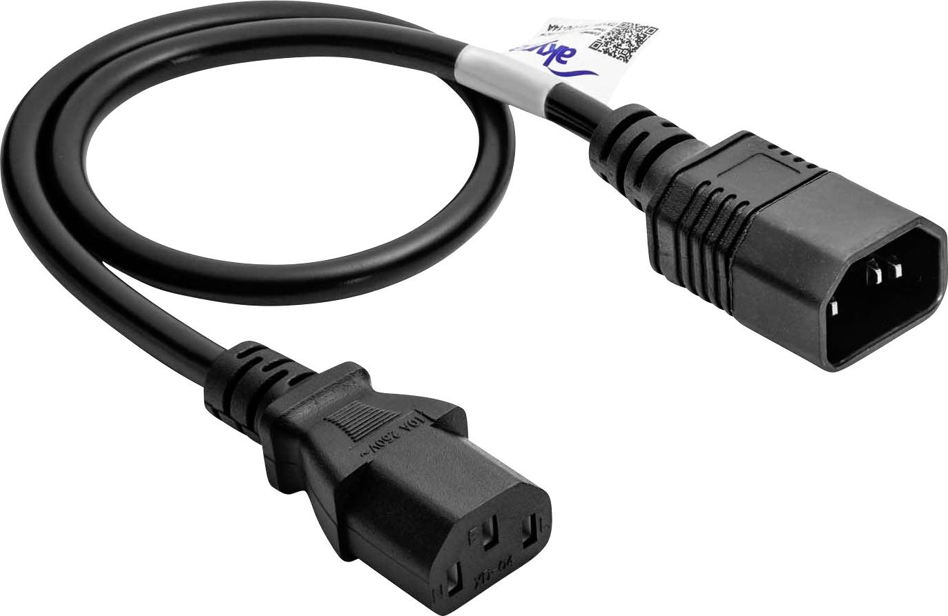 Černý síťový kabel se dvěma různými koncovkami, vhodný pro počítače a elektrické spotřebiče. Konektor na pravé straně je obdélníkový.
