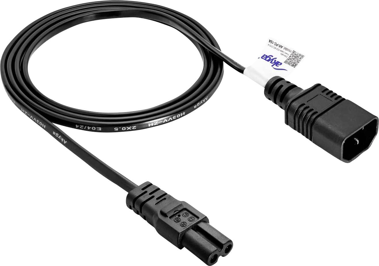 Síťový kabel s IEC konektorem a zásuvkou, vhodný pro připojení zařízení k rozvodné skříni nebo elektrické zásuvce.