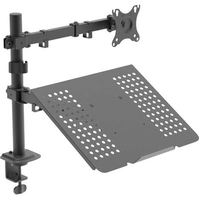 Držák monitoru s nastavitelnou policí pro notebook a upínací svorkou pro upevnění na psací stoly. Vhodný pro flexibilní uspořádání pracovního místa.