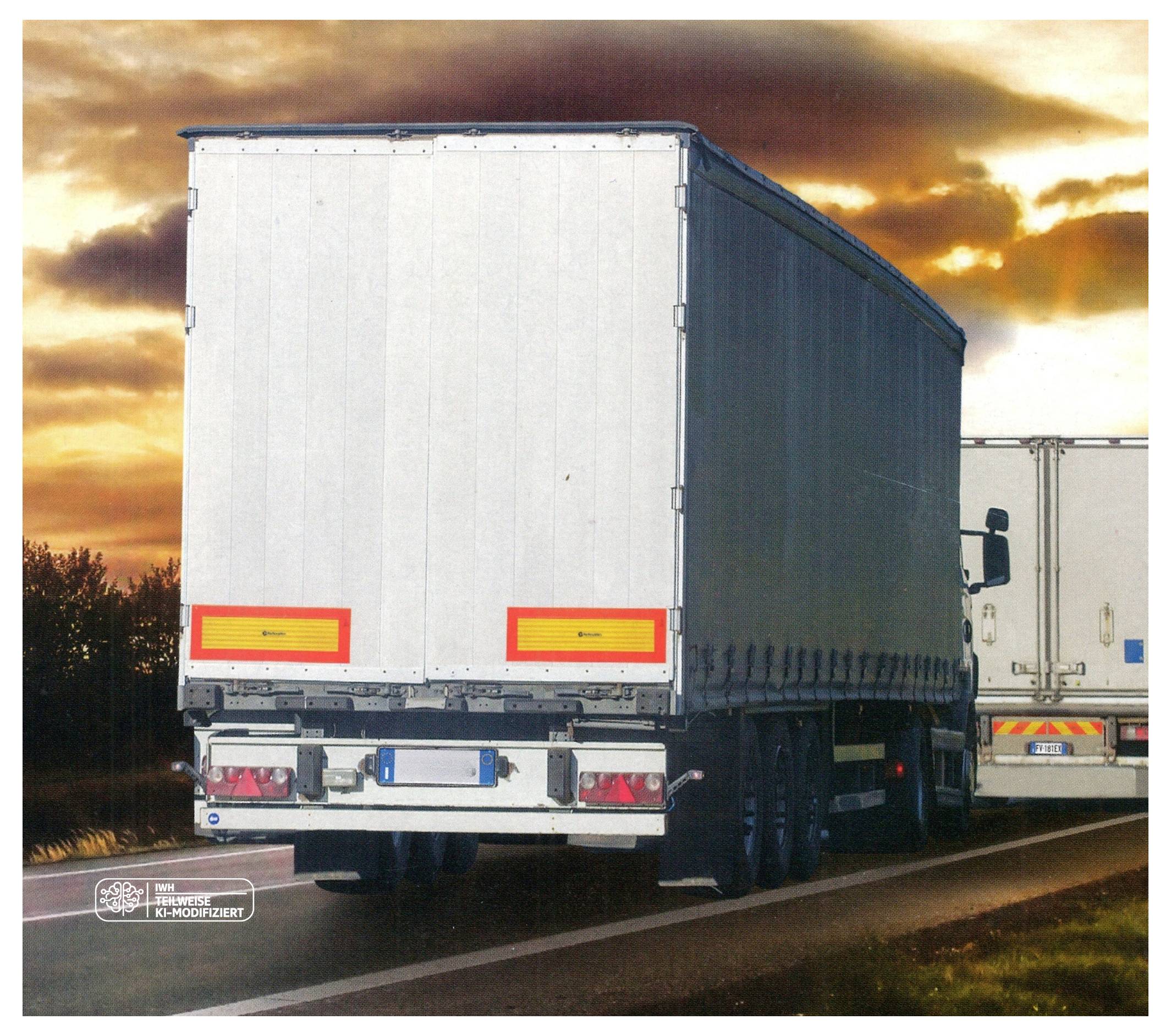 Pohled zezadu na bílý návěsový semitrailer jedoucí po silnici při západu slunce, s dalším kamionu částečně viditelným vedle něj.