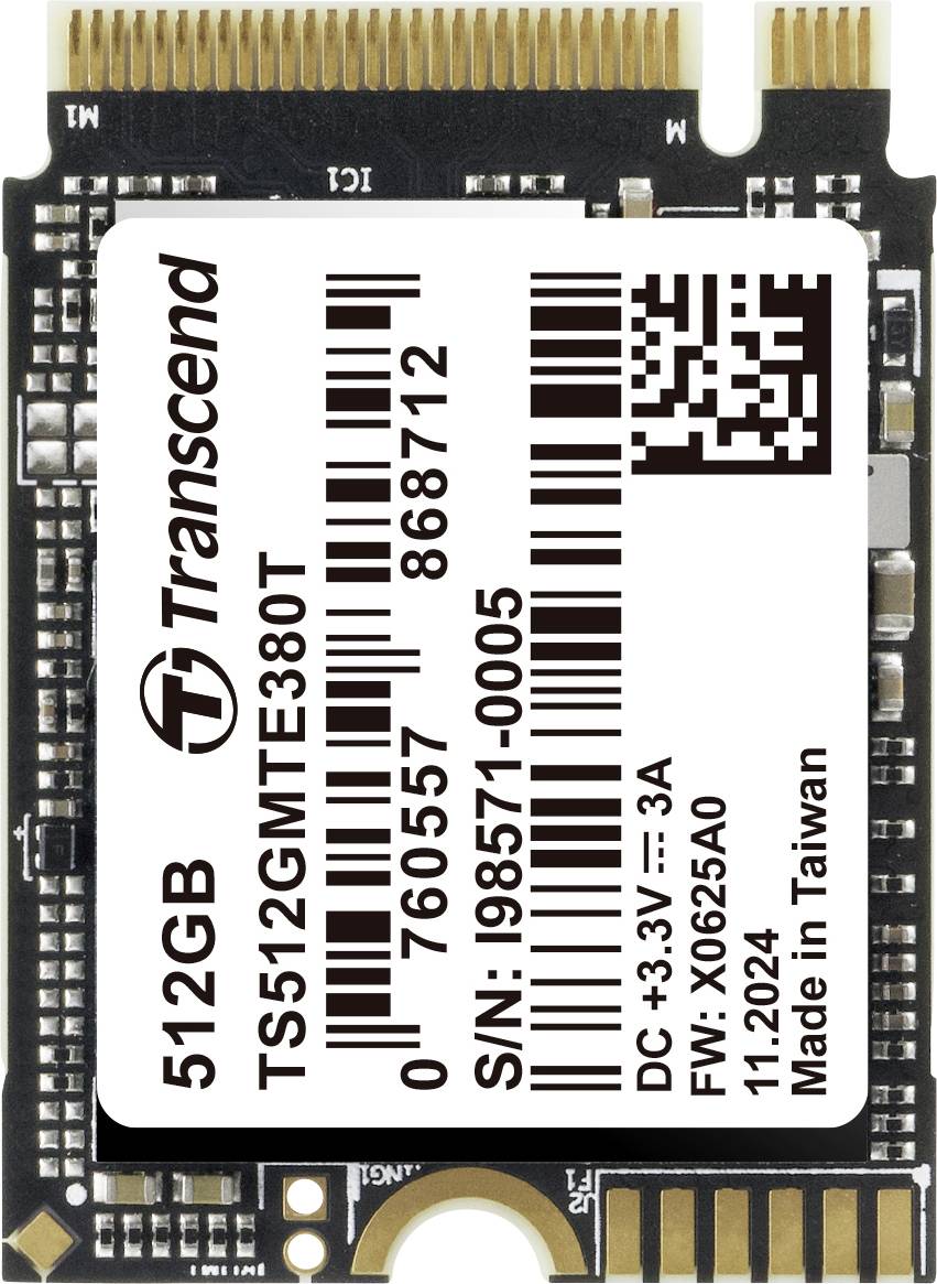 Transcend 512GB SSD modul s čárovým kódem a sériovým číslem vytištěným na štítku. Vyrobeno na Taiwanu.