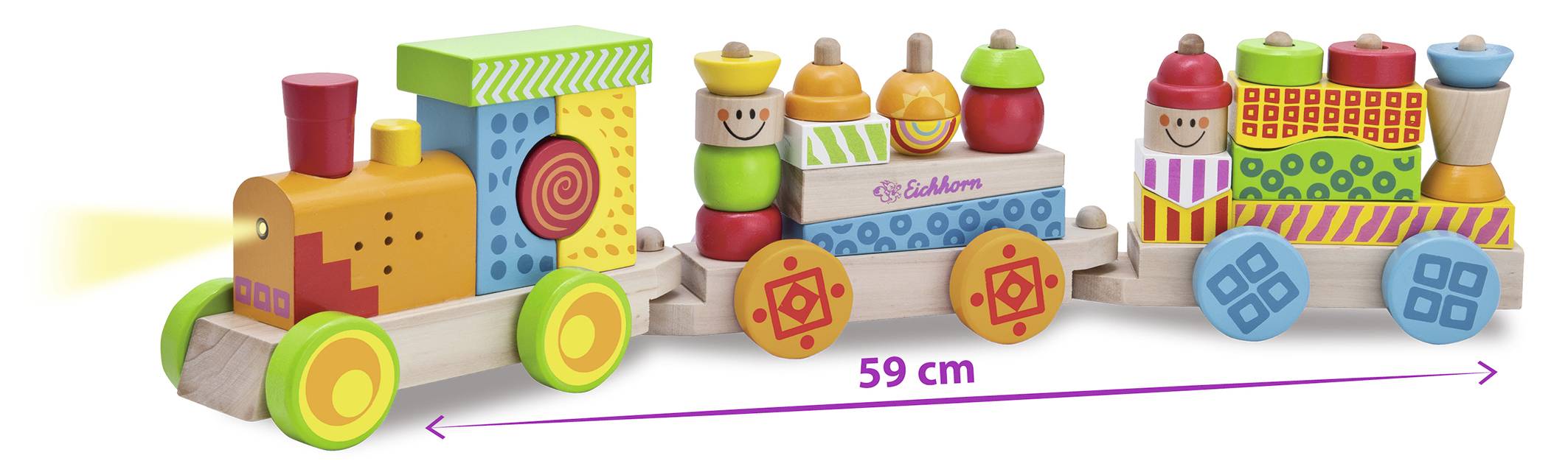 Barevný dřevěný vláček s lokomotivou a dvěma vagony, osvětlená čelní světla, 59 cm dlouhý. Obsahuje skládací, veselé figurky.