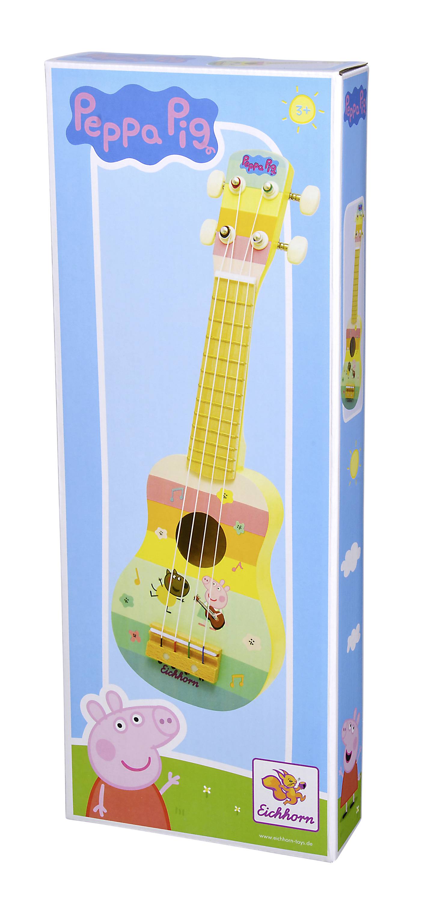 Barevná dětská ukulele s motivem Prasátka Peppy, zabalená v krabici s ilustracemi Prasátka Peppy. Ideální pro děti se zájmem o hudbu.