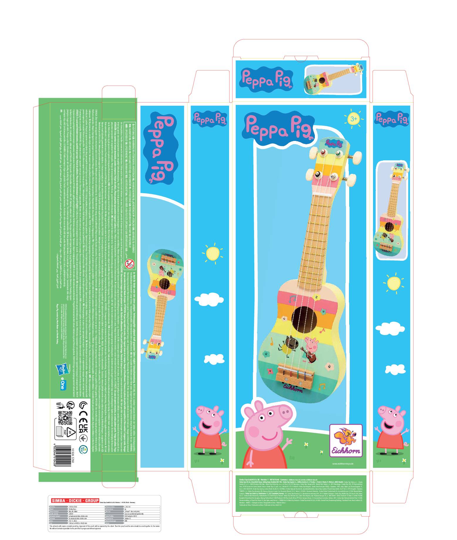 Obal dětské kytary s motivem 'Peppy Pig', barevný design s vyobrazením kytary a Peppy Pig v rohu obalu.