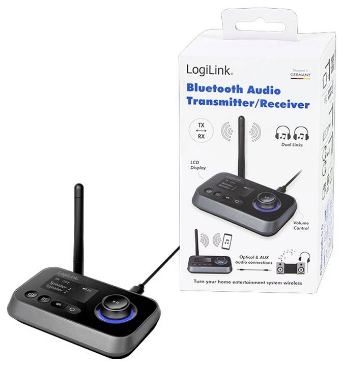 Bluetooth audio vysílač/přijímač od LogiLink s LCD displejem, otočným ovladačem a anténou. Obal prezentuje produkt a jeho funkce.
