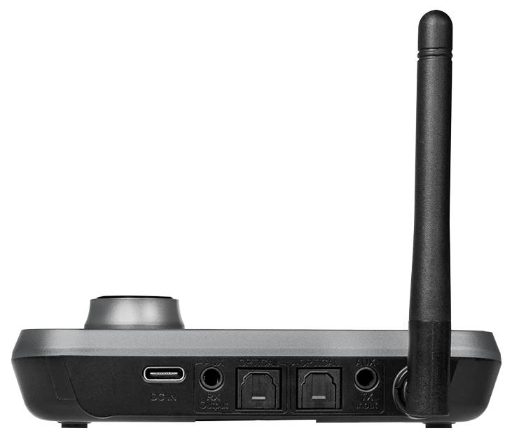 Pohled zezadu na zařízení s přípojkami a odnímatelnou anténou, včetně HDMI výstupu a USB portu.