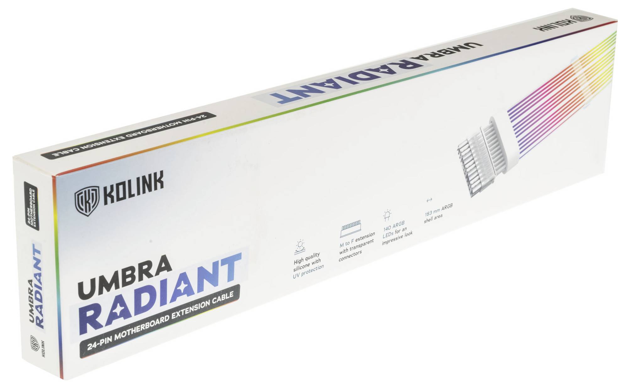 Balení 24-pinového prodlužovacího kabelu základní desky od společnosti Kolink, model 'Umbra Radiant', s barevným LED osvětlením.
