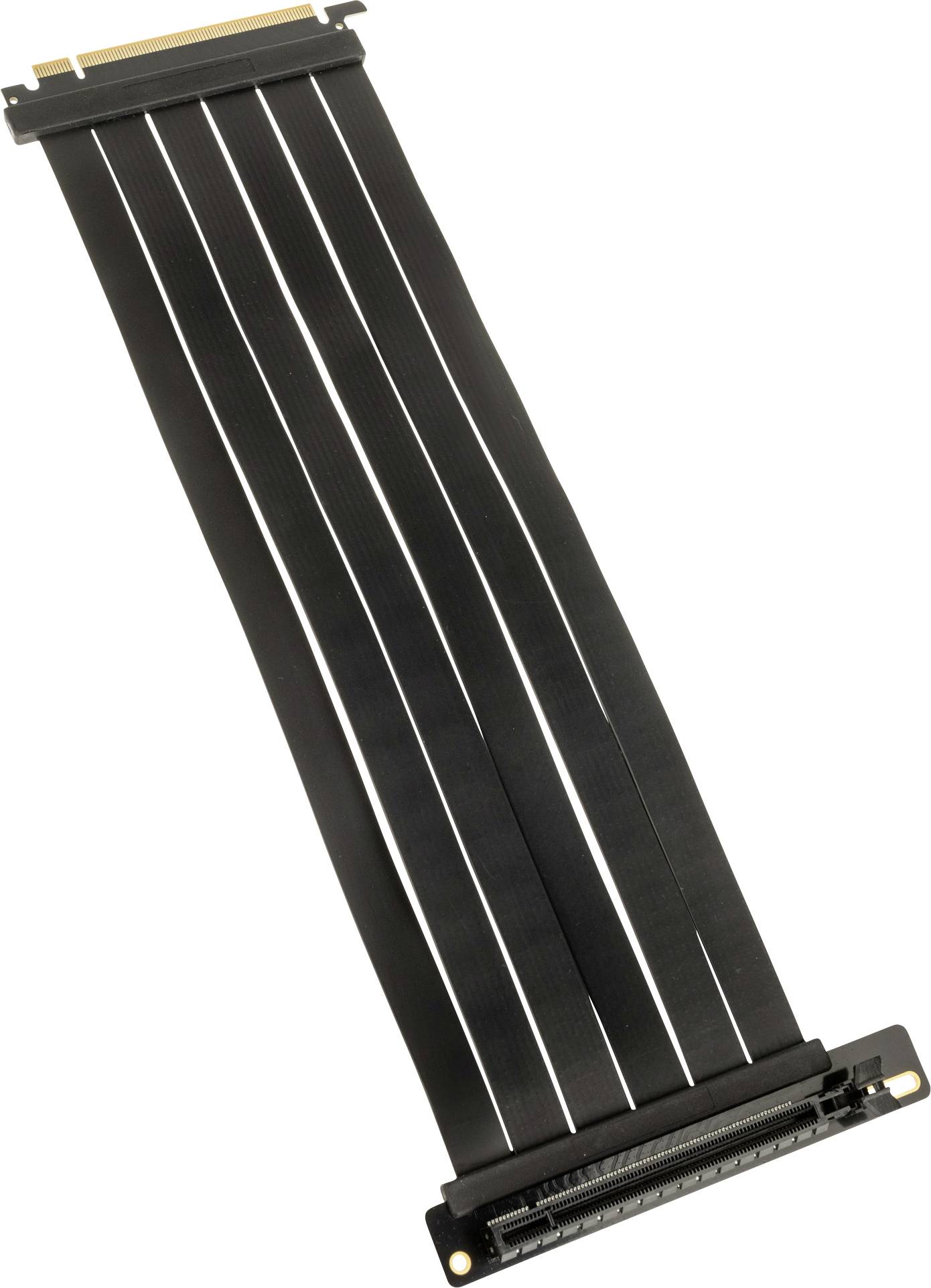 Černý plochý PCIe riser kabel pro propojení počítačových komponent, např. grafické karty s základní deskou, umístěný v pravém úhlu.