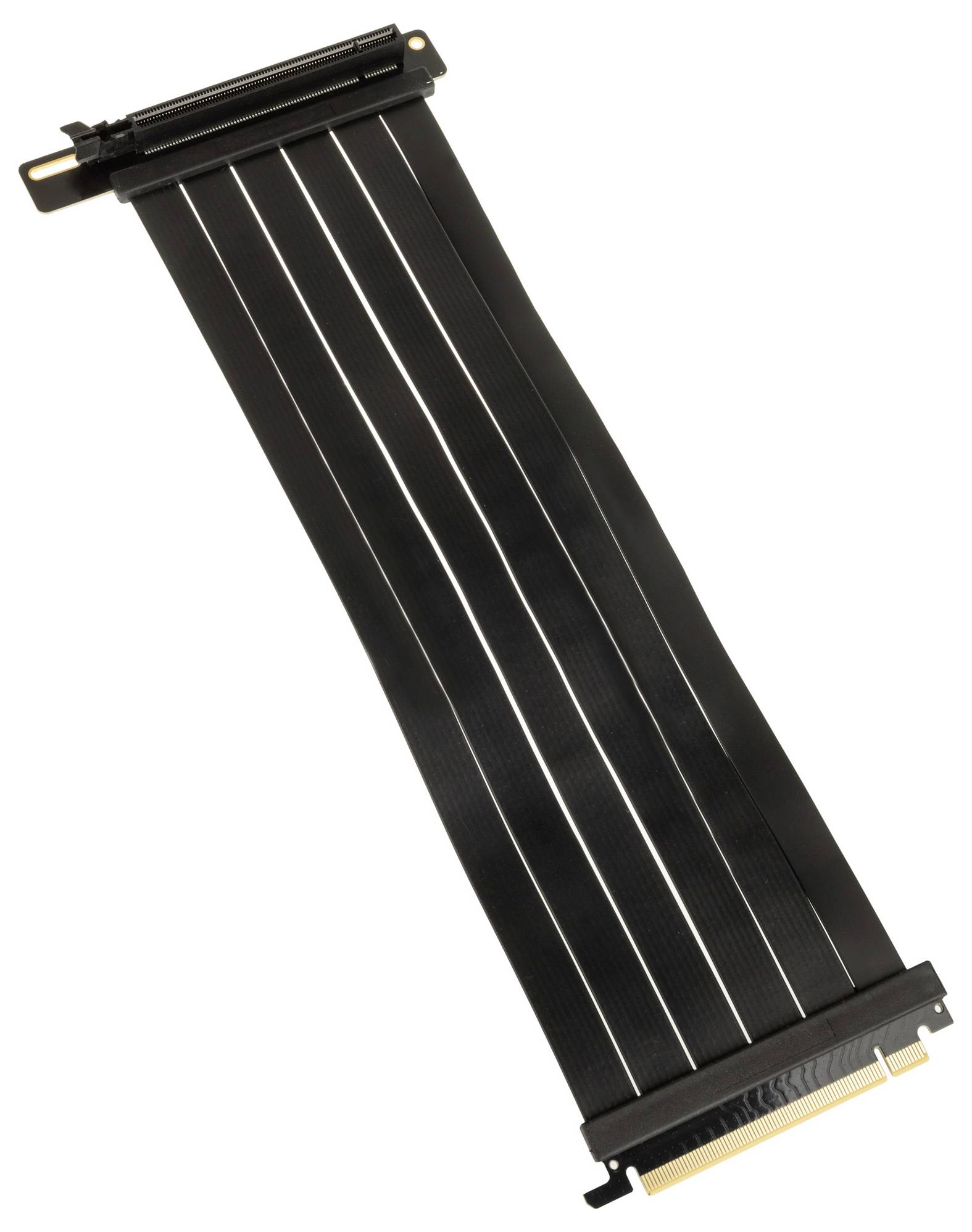 Černý PCIe riser kabel, vertikální orientace, určený pro propojení základní desky a grafické karty, užitečný pro úsporné PC skříně.