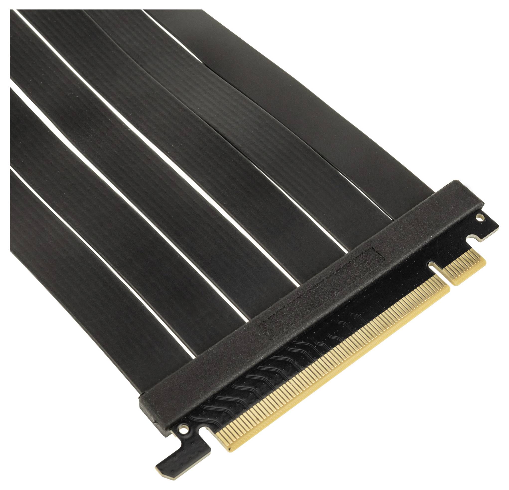Černý PCIe riser kabel se zásuvným konektorem, vhodný pro instalaci počítačového hardwaru, sloužící jako propojovací prvek pro rozšiřující karty.