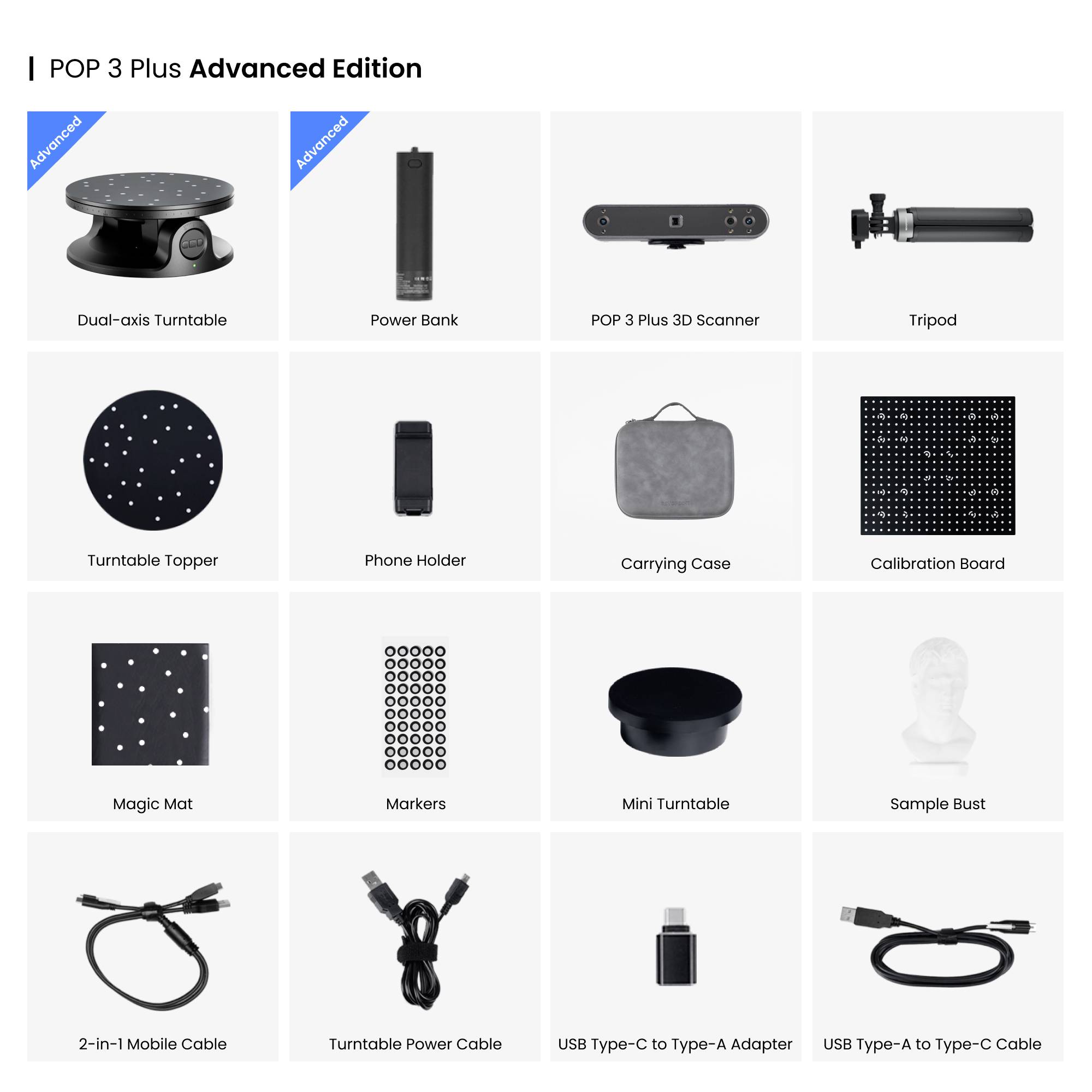 Sada 'POP 3 Plus Advanced Edition' obsahující otočný stojan, PowerBank, 3D skener, stativ, držák telefonu, tašku, kabely a příslušenství.