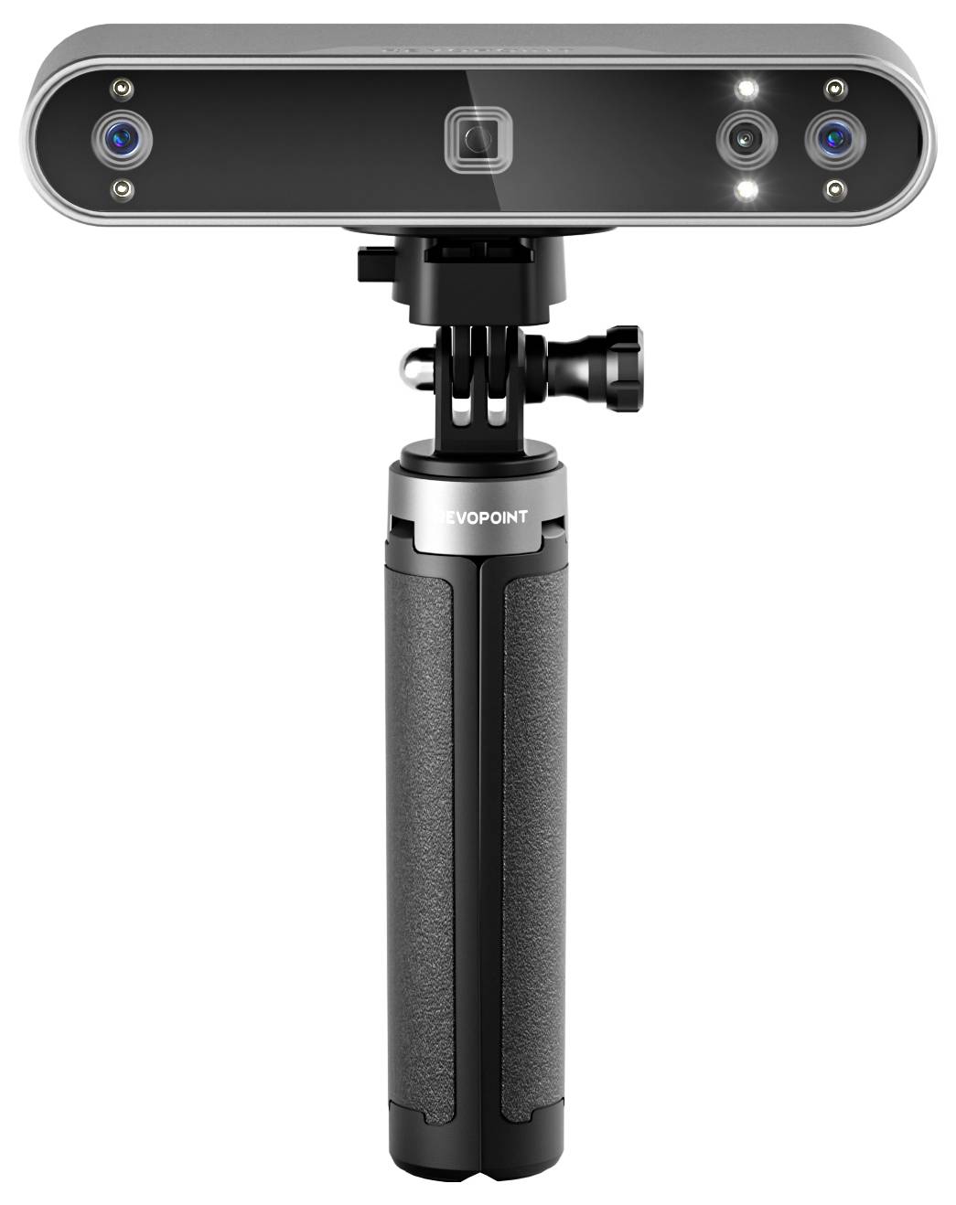 Černá 3D kamera se dvěma objektivy a stabilní rukojetí. Je navržena pro vytváření 3D skenů.